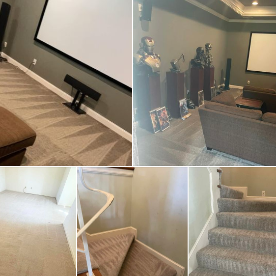 A collage of four images showing different views of a home theater setup and progress, including a finished room with screen and seating, and stages of carpet installation on stairs and residential cleaning.